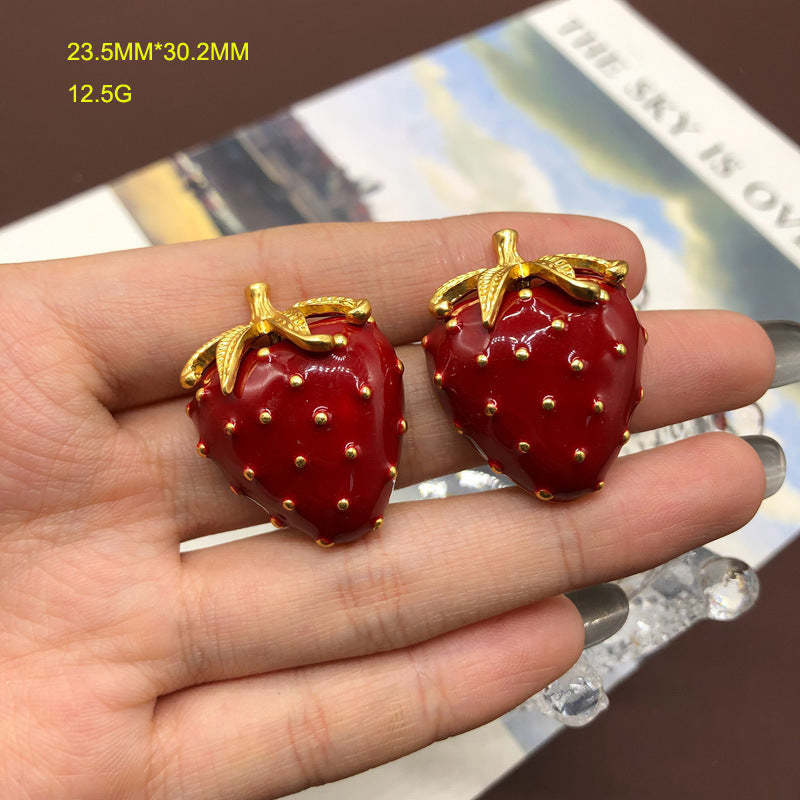 Straberry Red Vintage Luxury 18k Vermeil Gold Plated Stud Earring & Brooch Jewelry Set | Mix Mix Style-Mix MIx Style