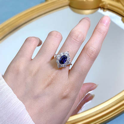 Fashion Royal Blue Oval Cut Moissanite Diamond 2.5ct 18k White Gold Engagement Ring | Mix Mix Style-Mix MIx Style