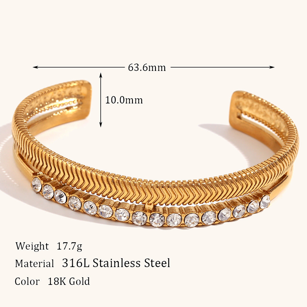 European and American cross-border double-layer diamond-studded herringbone pattern open bracelet stainless steel gold-plated retro holiday style hand jewelry-Mix MIx Style