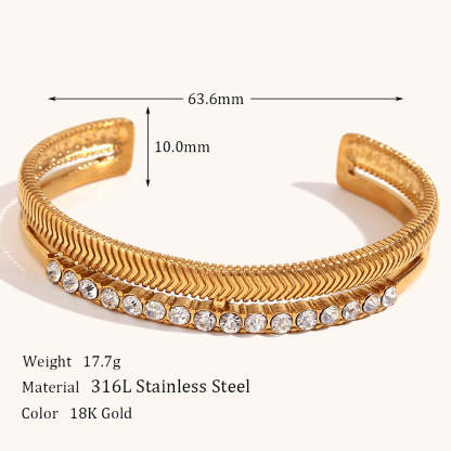European and American cross-border double-layer diamond-studded herringbone pattern open bracelet stainless steel gold-plated retro holiday style hand jewelry-Mix MIx Style