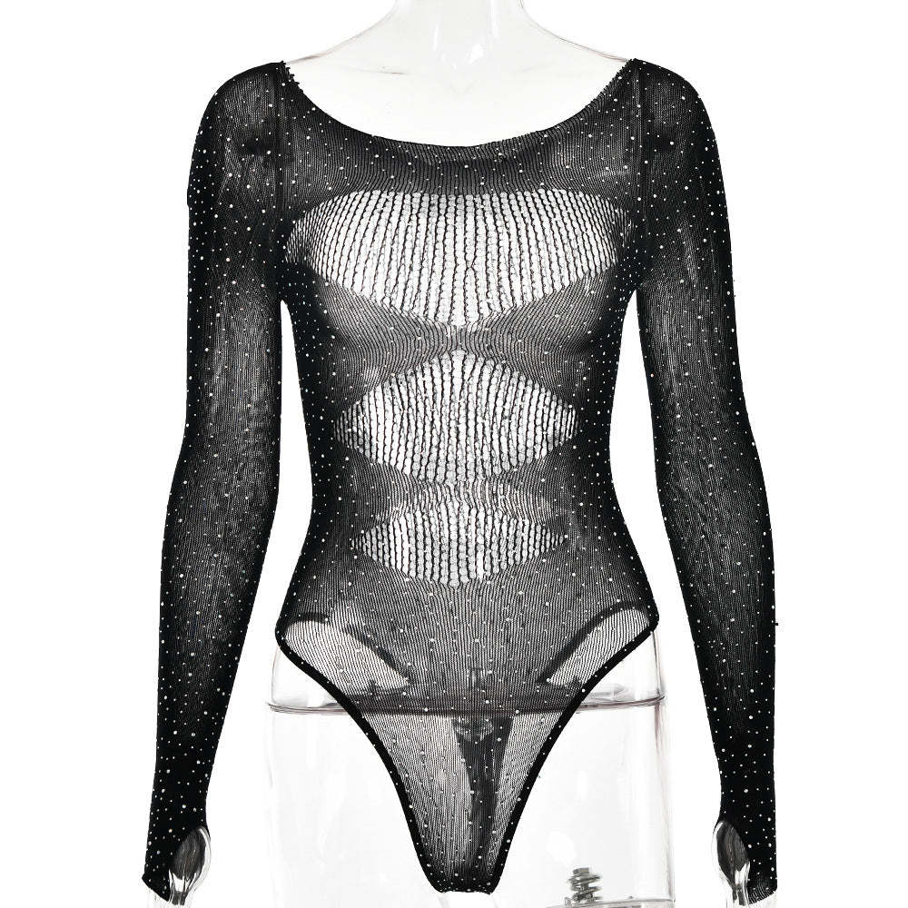 European and American cross-border foreign trade spring and summer new sexy hot girl high elastic knitted see-through long-sleeved hollow hot diamond jumpsuit female-Mix MIx Style