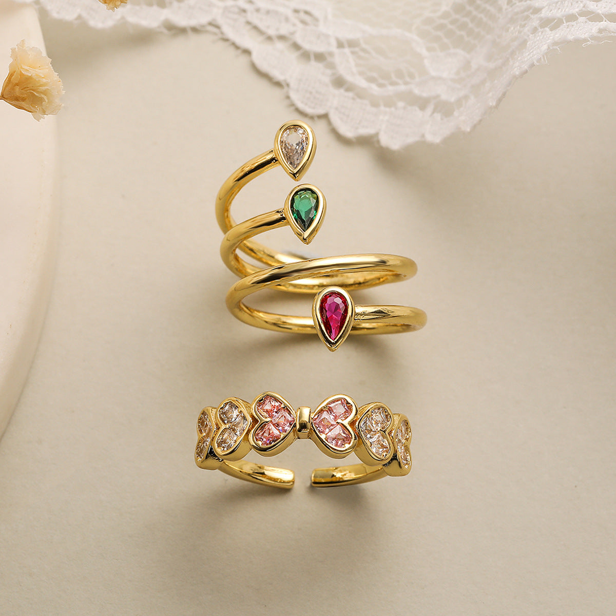 Australian and ancient niche design copper-plated 18K gold zircon love geometric open ring female European and American INS versatile ring-Mix MIx Style