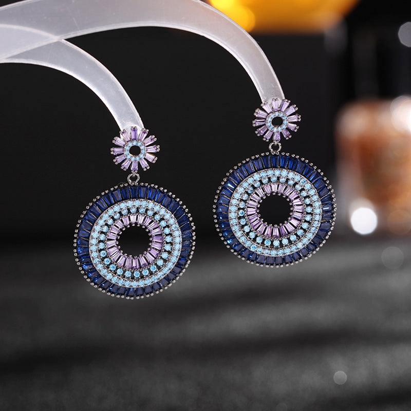 European and American new sweet exaggerated earrings for women retro blue heavy industry gradient pink zircon rainbow hoop earrings-Mix MIx Style