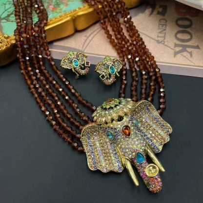 Brown Multilayer Beads Vintage Elephant Pendant Micro Diamonds Luxury 18k Gold Plated Necklace Earrings Jewelry Set | Mix Mix Style-Mix MIx Style