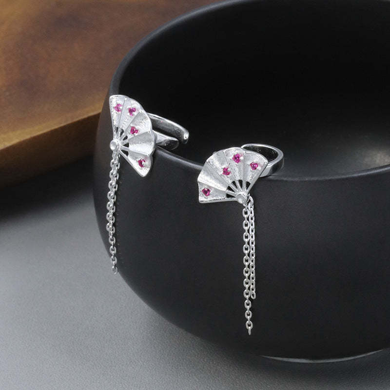 Original new product Shake Wind S925 sterling silver folding fan tassel ear bone clip new Chinese style national trend non-pierced earrings-Mix MIx Style