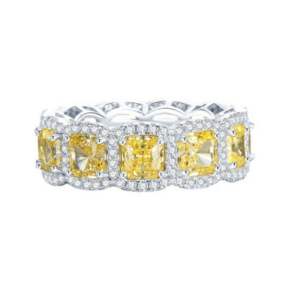 Dazzle Yellow Cusion Cut Moissanite Diamonds 18k White Gold Plated Engagement Band Ring | Mix Mix Style-Mix MIx Style