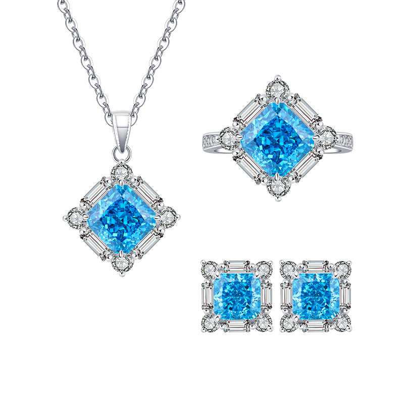 2023 New S925 Silver High Carbon Diamond Aquamarine Princess Square Diamond Set Female Main Stone 8*8-7*7-Mix MIx Style