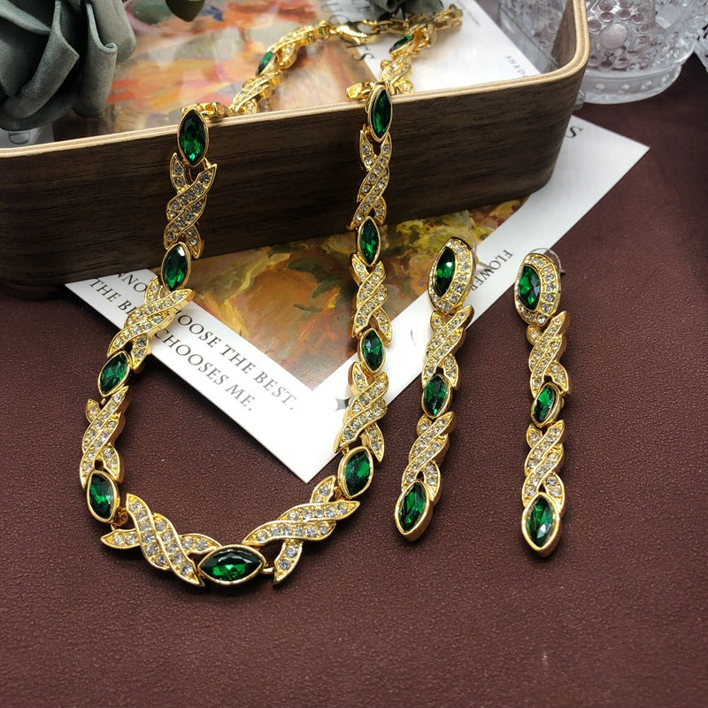 Green Vintage Classic Marquise Diamond Luxury 18k Vermeil Gold Plated Necklace Earrings Jewelry Set | Mix Mix Style-Mix MIx Style