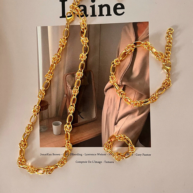 Vintage Retro Minimalist Thick Chain 18k Vermeil Gold Plated Necklace Earring & Ring Jewelry Set | Mix Mix Style-Mix MIx Style