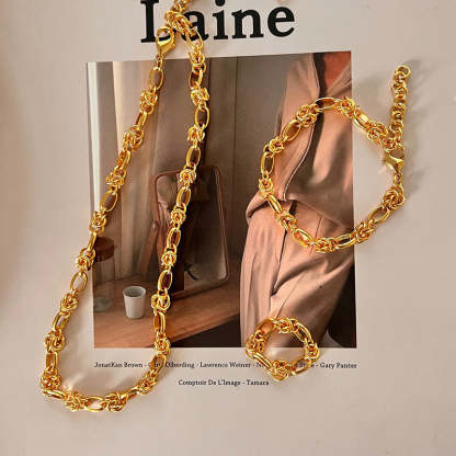 Vintage Retro Minimalist Thick Chain 18k Vermeil Gold Plated Necklace Earring & Ring Jewelry Set | Mix Mix Style-Mix MIx Style