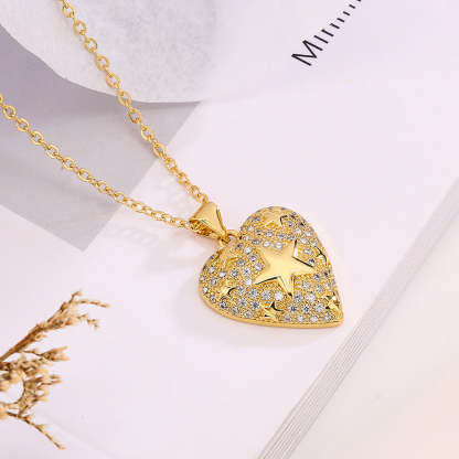 Heart Star Vintage Solid Pendant Diamonate Luxury 18k Gold Plated Necklace Jewelry | Mix Mix Style-Mix MIx Style