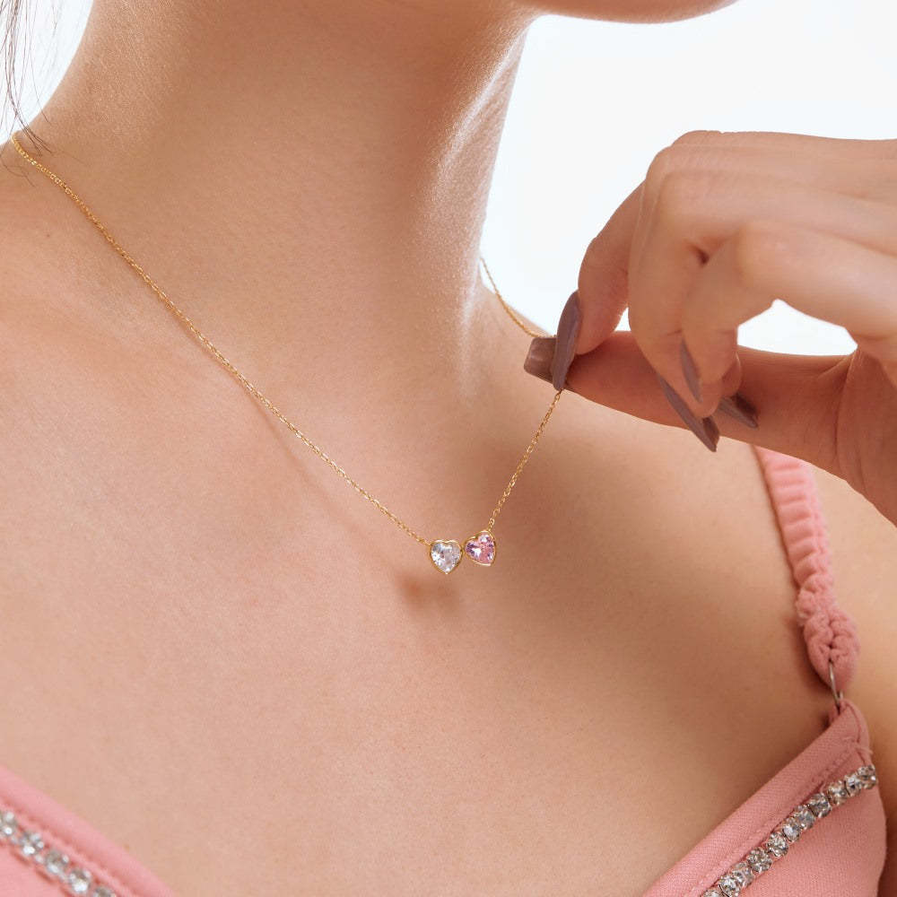 Linlang S925 sterling silver double heart necklace for women, exquisite and cute design, heart-shaped zircon pendant, clavicle chain, simple silver jewelry-Mix MIx Style