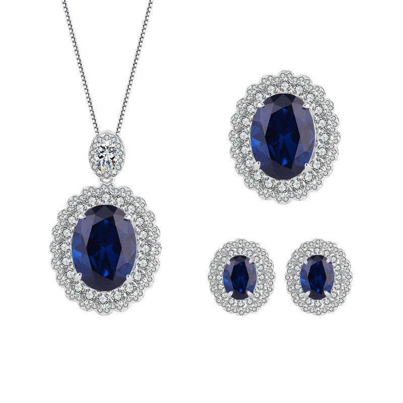 S925 silver European and American fashion set Douyin hot sale simulated sapphire blue dan-shaped pendant ring 16*12 earrings 6*8-Mix MIx Style