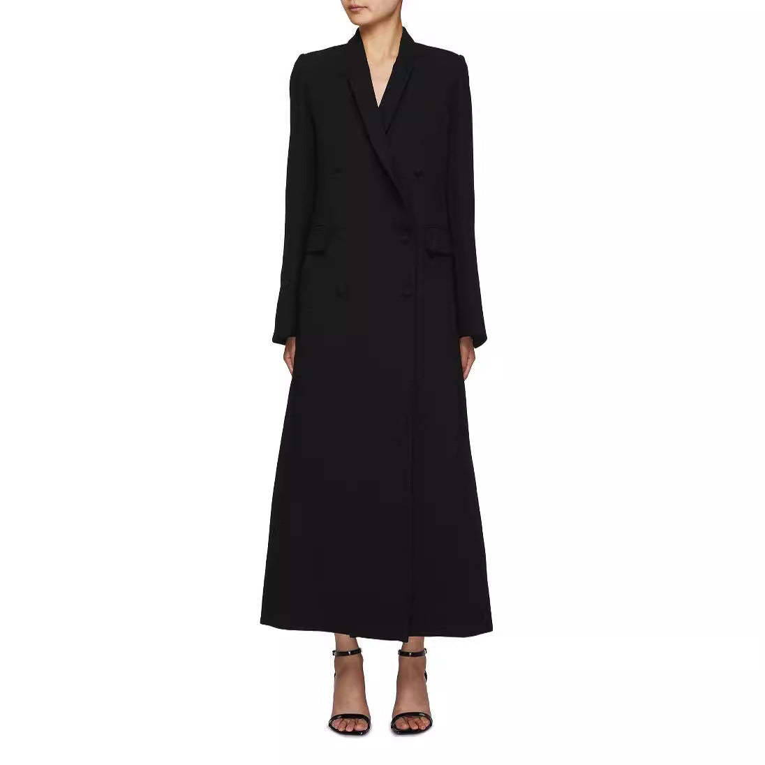 2024 Spring and Autumn new double-breasted lapel elegant over-the-knee extended style women's black suit temperament jacket-Mix MIx Style