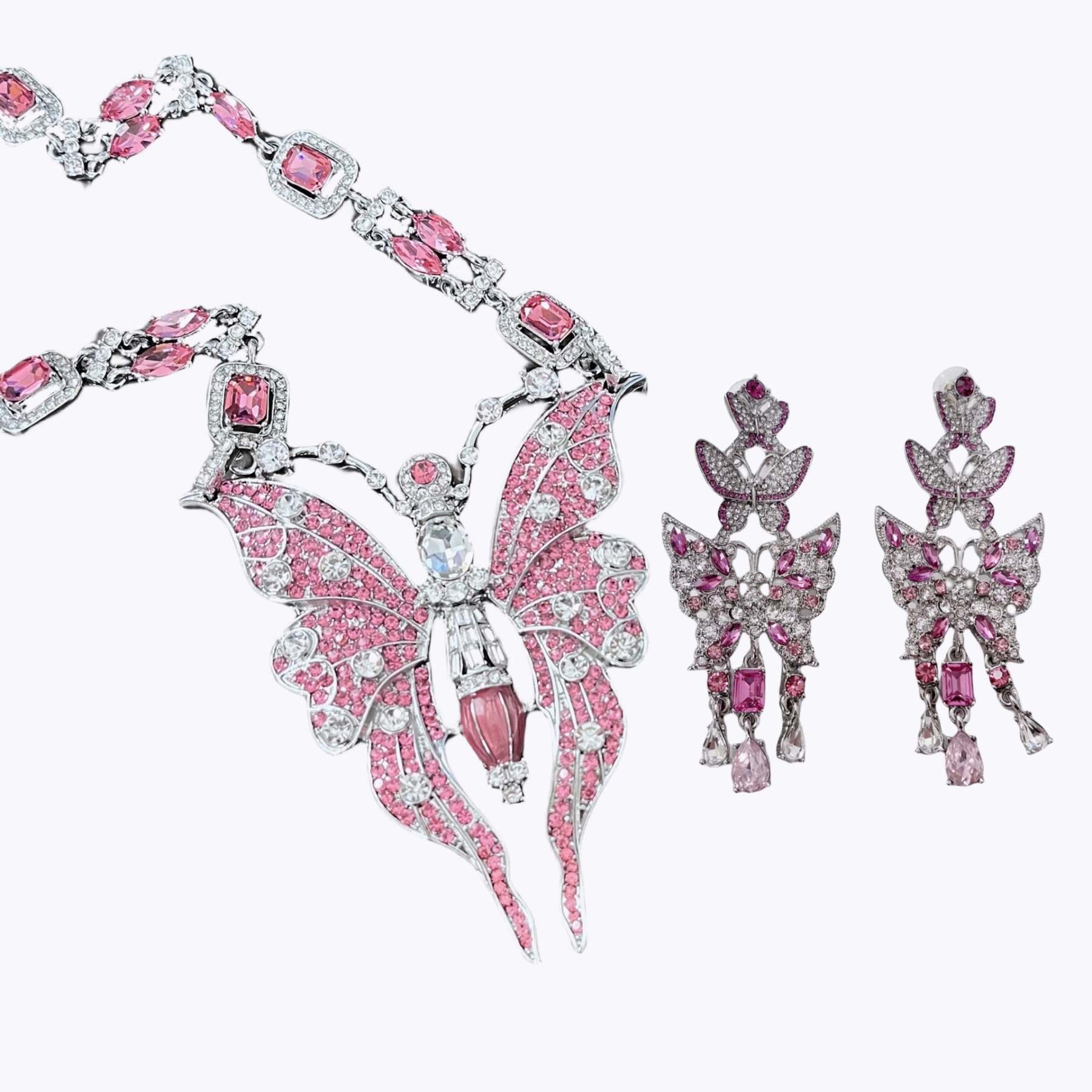 Pink Big Butterfly Retro Classic Pendant Cushion Cut Diamonds Luxury 18k Gold Plated Necklace & Drop Earrings Jewelry Set | Mix Mix Style-Mix MIx Style