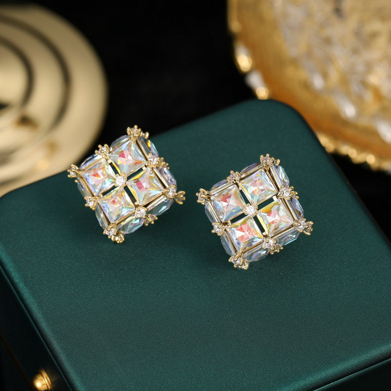 s925 silver needle light luxury high-end earrings wholesale niche design Korean style trendy geometric three-dimensional square crystal earrings-Mix MIx Style