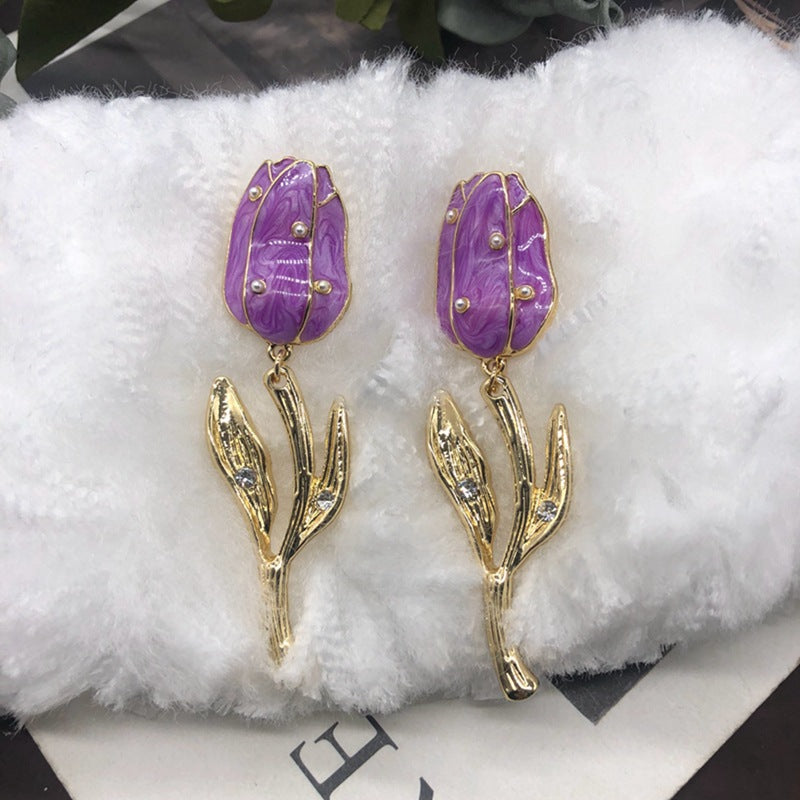 Timeless Purple - Yellow - Orange Tulip Flower Shaped 18k Vermeil Gold Plated Drop Earrings | Mix Mix Style-Mix MIx Style