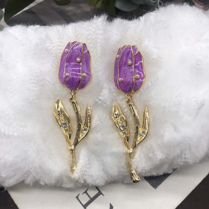 Timeless Purple - Yellow - Orange Tulip Flower Shaped 18k Vermeil Gold Plated Drop Earrings | Mix Mix Style-Mix MIx Style