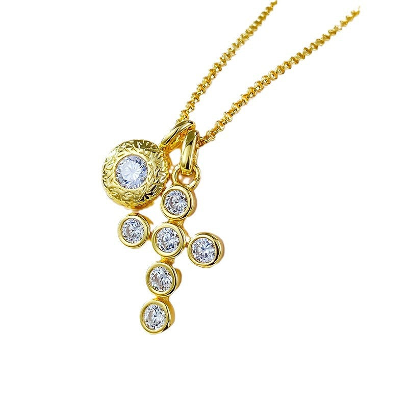 Gold Cross Retro Pendant Round Cut Diamonds Luxury 18k Gold Plated Necklace Jewelry | Mix Mix Style-Mix MIx Style