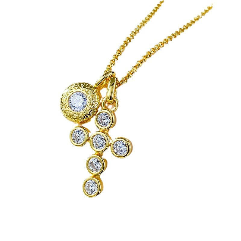 Gold Cross Retro Pendant Round Cut Diamonds Luxury 18k Gold Plated Necklace Jewelry | Mix Mix Style-Mix MIx Style