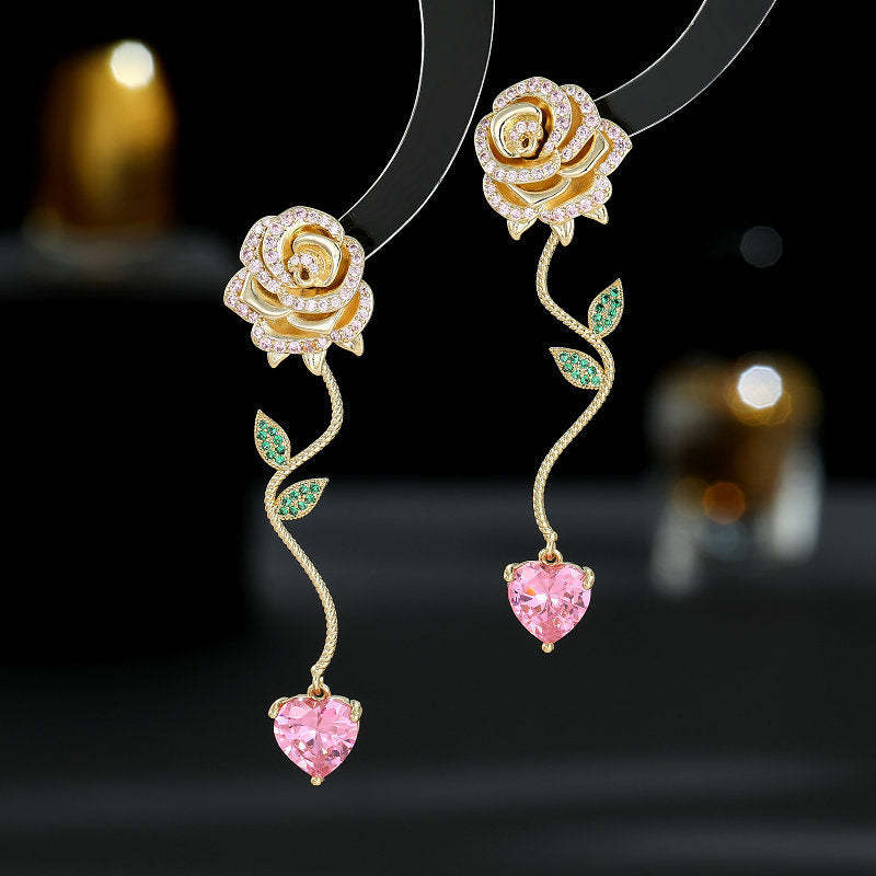 s925 silver needle sweet and fresh temperament earrings trendy designer long vine love zircon rose earrings-Mix MIx Style