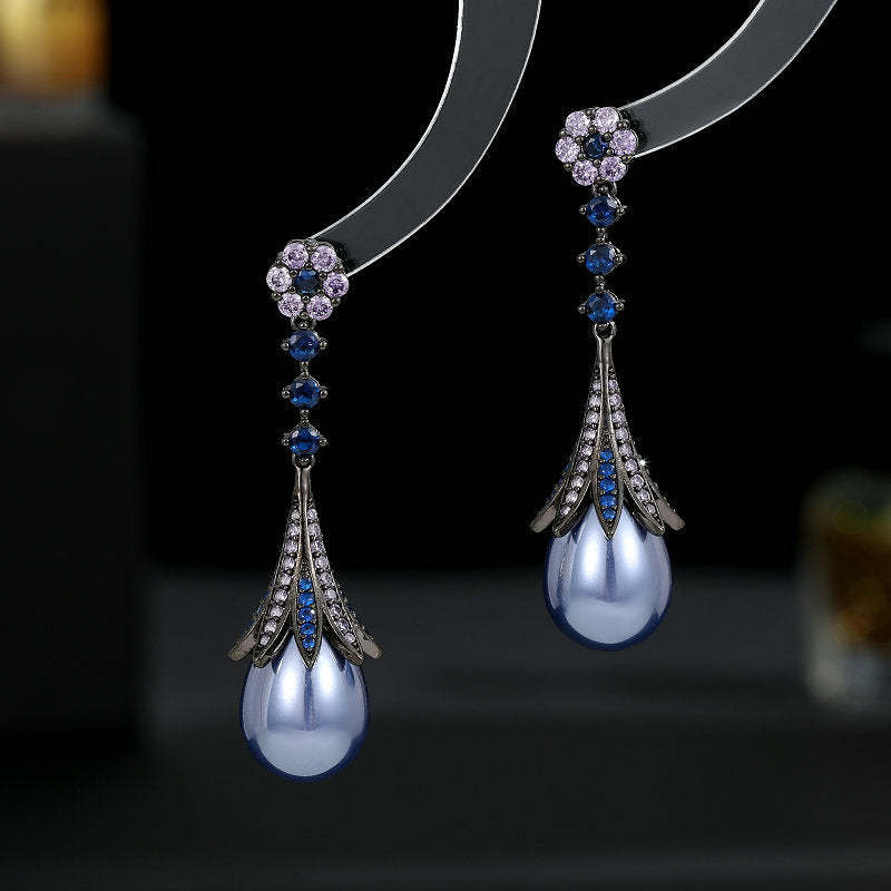 French retro elegant temperament palace style earrings light luxury high-end long face-modifying water drop pearl earrings-Mix MIx Style