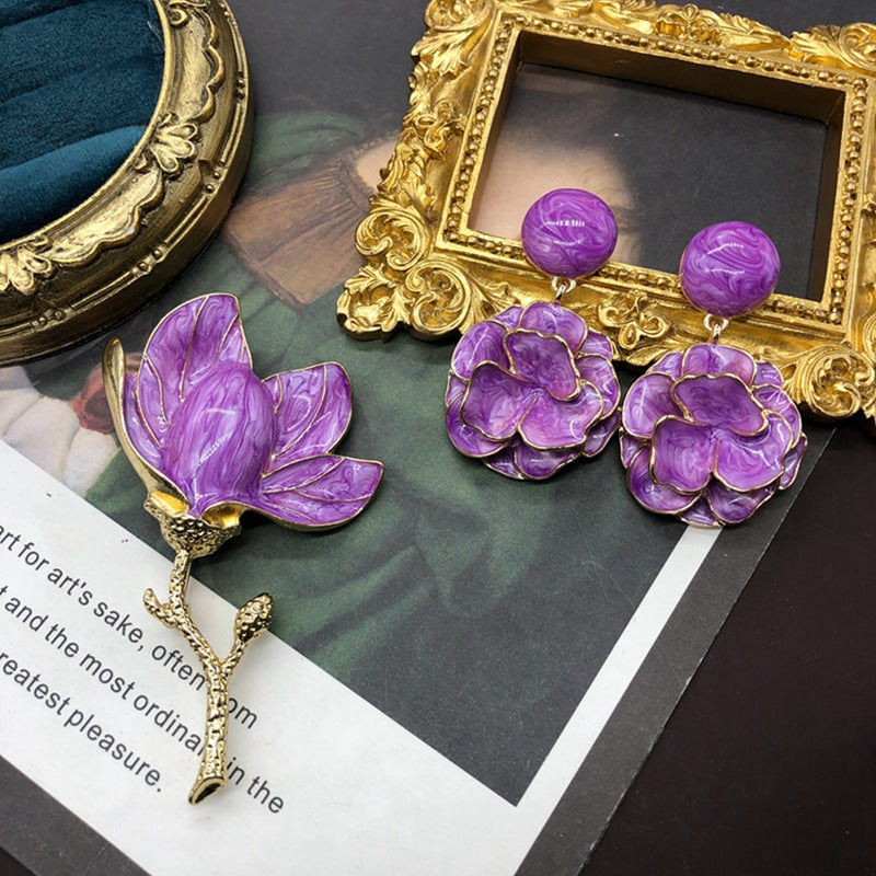 Purple Flowers Vintage Retro Diamonds Luxury 18k Vermeil Gold Plated Earrings & Brooch Jewelry Set | Mix Mix Style-Mix MIx Style
