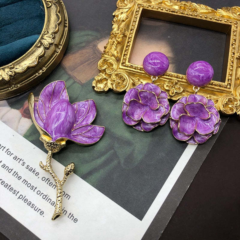 Purple Flowers Vintage Retro Diamonds Luxury 18k Vermeil Gold Plated Earrings & Brooch Jewelry Set | Mix Mix Style-Mix MIx Style
