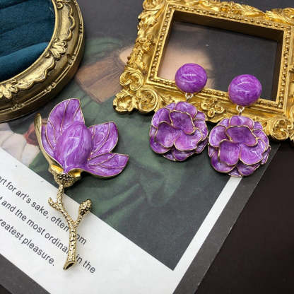 Purple Flowers Vintage Retro Diamonds Luxury 18k Vermeil Gold Plated Earrings & Brooch Jewelry Set | Mix Mix Style-Mix MIx Style