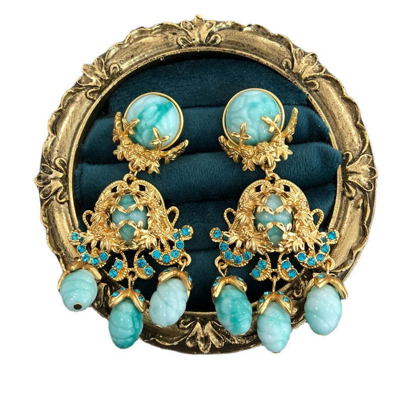 Aquamarine Blue Vintage Retro Classic Pendant Luxury 18k Gold Plated Necklace Earrings Jewelry Set | Mix Mix Style-Mix MIx Style