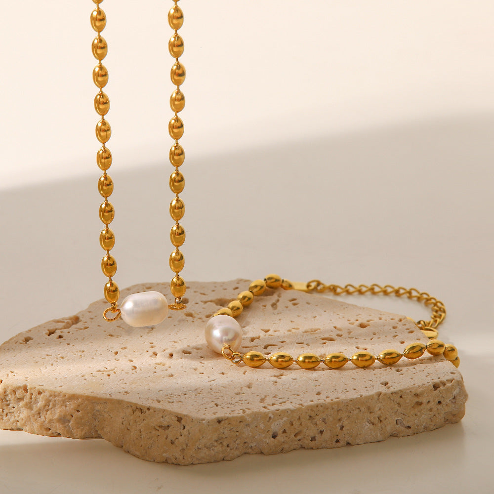 Minimalist Vintage Golden Beads Akoya Pearl Pendant Luxury 18k Gold Plated Necklace Bracelet Jewelry Set | Mix Mix Style-Mix MIx Style