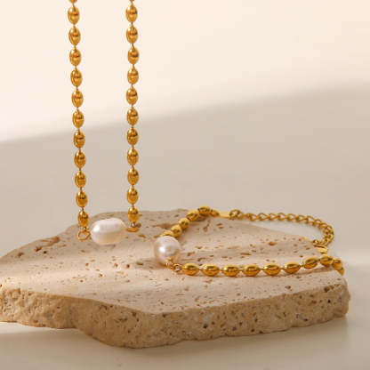 Minimalist Vintage Golden Beads Akoya Pearl Pendant Luxury 18k Gold Plated Necklace Bracelet Jewelry Set | Mix Mix Style-Mix MIx Style