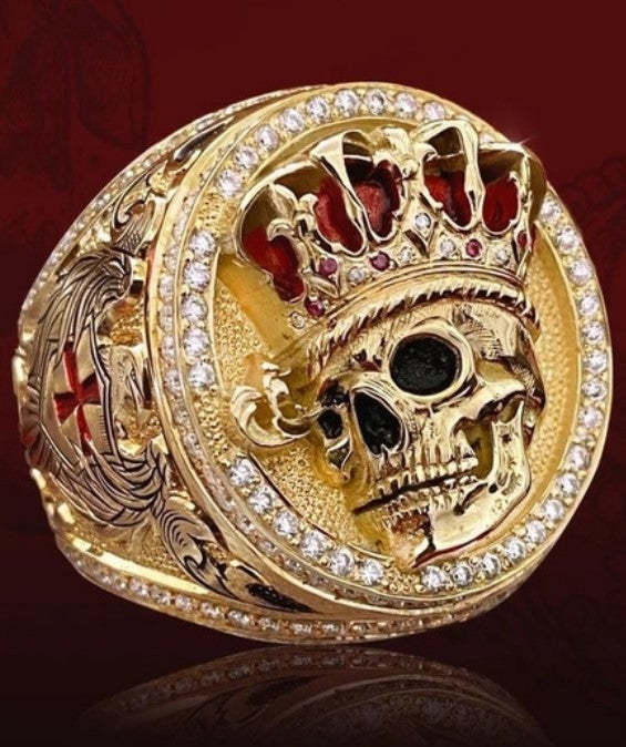Red Cross Punk 3D Skull Moissanite Diamonds 18k Vermeil Gold Plated Lu