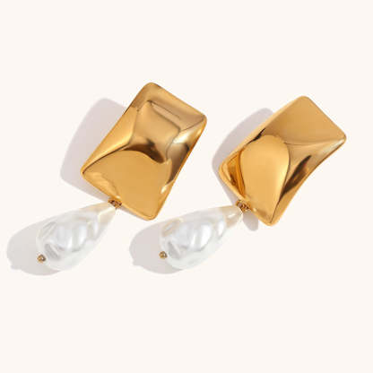 Geometric Classic White Akoya Pearl Elegant 18k Vermeil/White Gold Plated Vintage Retro Drop Earrings | Mix Mix Style-Mix MIx Style