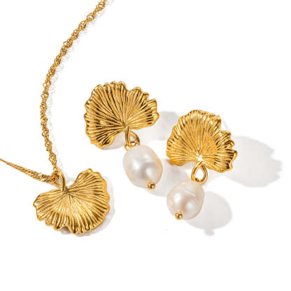 Golden Fan Retro Pendant Akoya Pearl Diamond Luxury 18k Gold Plated Necklace Earrings Jewelry Set | Mix Mix Style-Mix MIx Style
