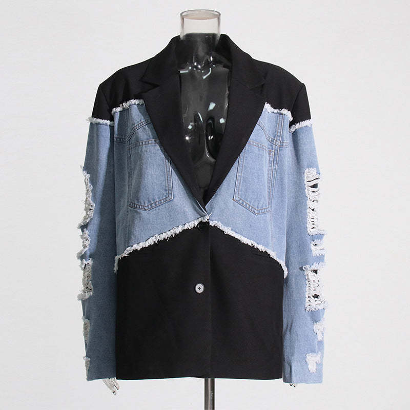 Retro trend denim patchwork jacket 2024 spring and autumn new design loose long sleeve versatile ladies small suit-Mix MIx Style