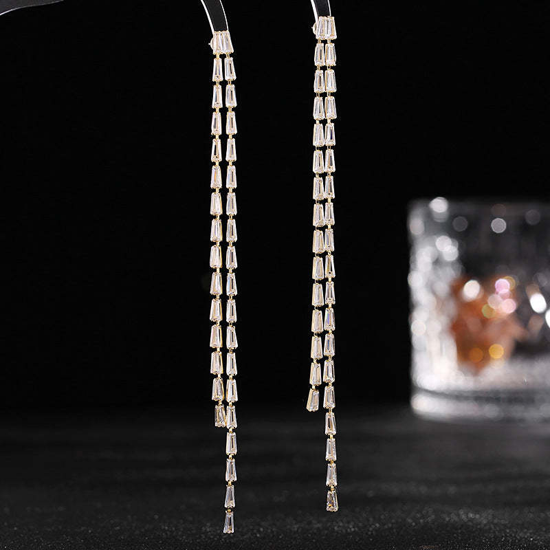 s925 silver needle Korean fashion earrings trendy face modification niche designer zircon super long tassel earrings-Mix MIx Style