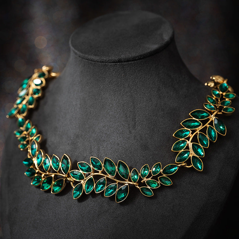 Retro Classic Green Leafs Marquise Diamonda Luxury 18k Gold Plated Necklace Earring Jewelry Set | Mix Mix Style-Mix MIx Style
