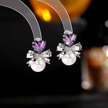 Simple and versatile temperament sweet girl heart earrings s925 silver needle earrings trendy heart-shaped pearl bow earrings-Mix MIx Style