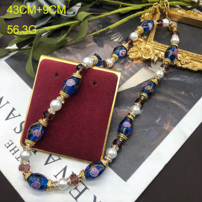Unique Blue Vintage Retro  White Akoya Pearls Luxury 18k Gold Plated Necklace Earring Jewelry Set | Mix Mix Style-Mix MIx Style
