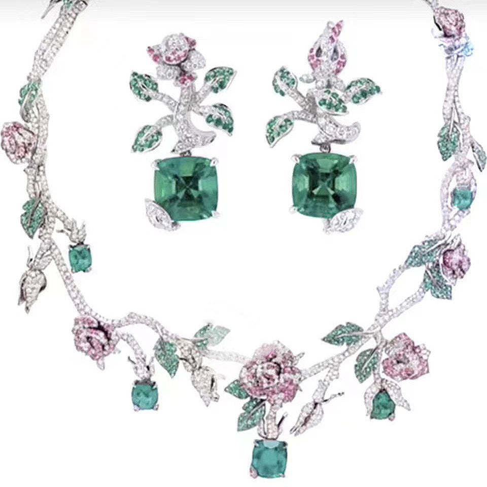 Pink Flowers & Green Leafs Vintage Retro Diamonate Luxury 18k Gold Plated Necklace & Earring Jewelry Set | Mix Mix Style-Mix MIx Style