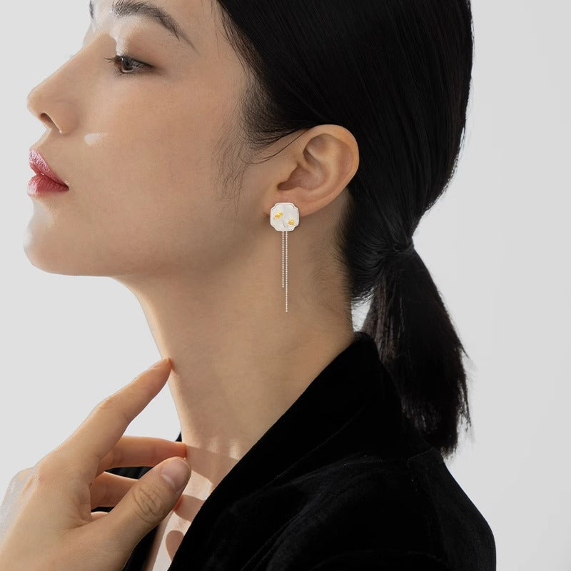Wusikaoshi S925 sterling silver original design new Chinese style bird lotus cloud window white shell tassel earrings-Mix MIx Style