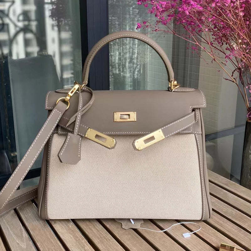 Canvas with cowhide Kelly bag genuine leather contrast color handbag fashion retro texture shoulder bag foreign trade cross-border women's bag-Mix MIx Style