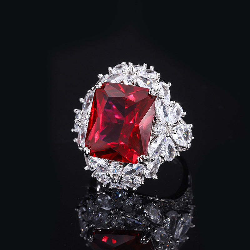 Douyin popular simulation red corundum square set pendant 8*16 ring 12*14 earrings 6*8 silver S925-Mix MIx Style