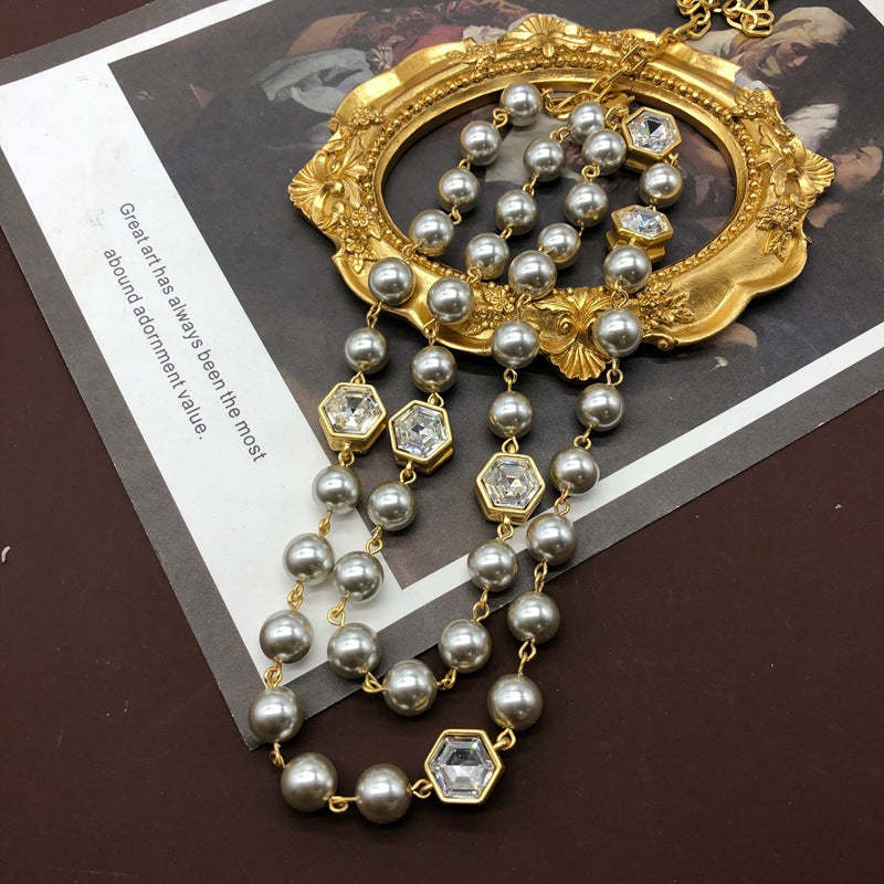 Slver Vintage Classic Multi-Layer Grey/ White PEarls Luxury 18k Gold Plated Long Necklace Jewelry | Mix Mix Style-Mix MIx Style