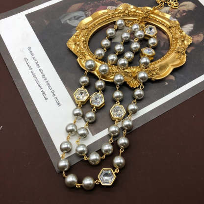 Slver Vintage Classic Multi-Layer Grey/ White PEarls Luxury 18k Gold Plated Long Necklace Jewelry | Mix Mix Style-Mix MIx Style