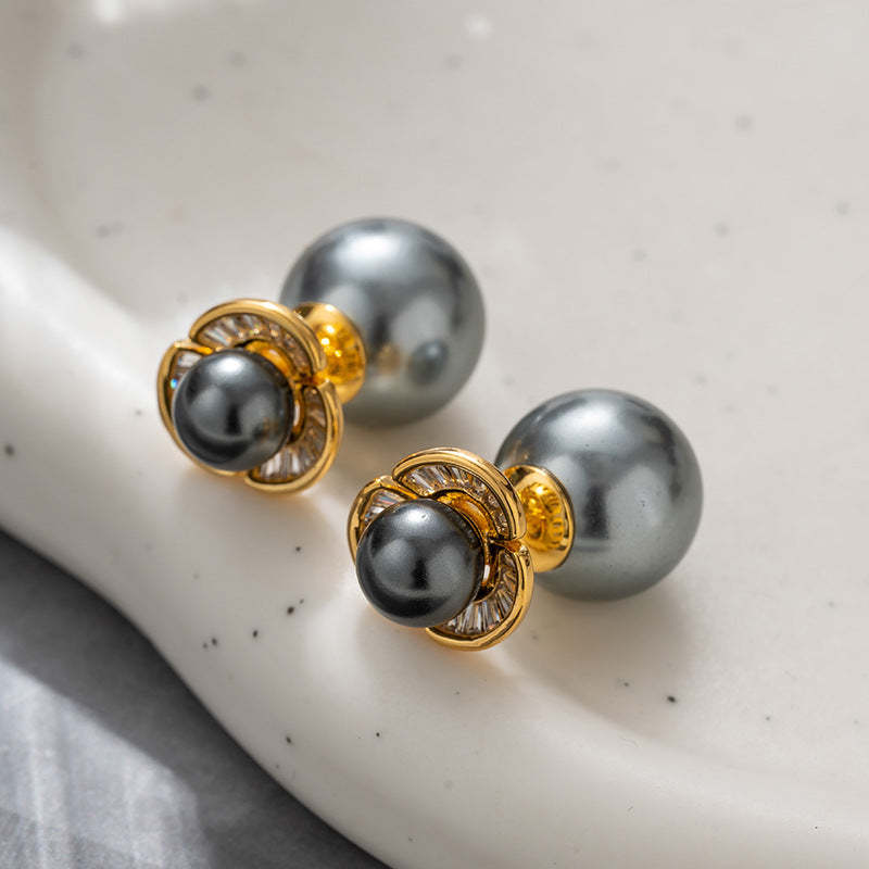 Shi Huajia pearl earrings for women light luxury niche high-end flower earrings gray beads temperament autumn and winter earrings trend-Mix MIx Style