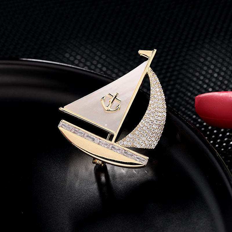 Korean style fashionable autumn and winter clothing accessories mother-of-pearl zircon inlaid high-end brooch Smooth sailing creative design sailing brooch-Mix MIx Style