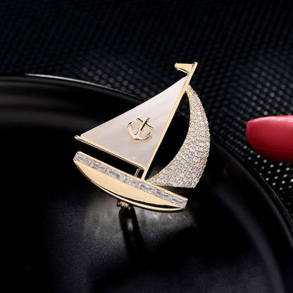Korean style fashionable autumn and winter clothing accessories mother-of-pearl zircon inlaid high-end brooch Smooth sailing creative design sailing brooch-Mix MIx Style