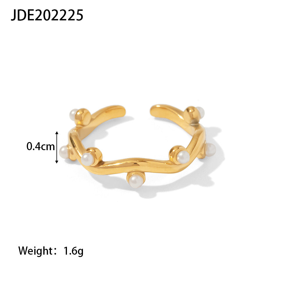 INS French women's fashion all-match titanium steel ring 18K gold-plated irregular inlaid white pearl open ring-Mix MIx Style